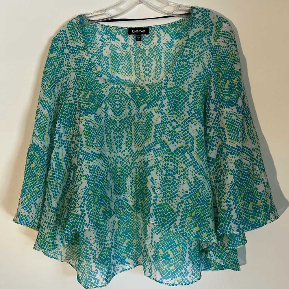 Bebe turquoise snakeskin sheer blouse size medium